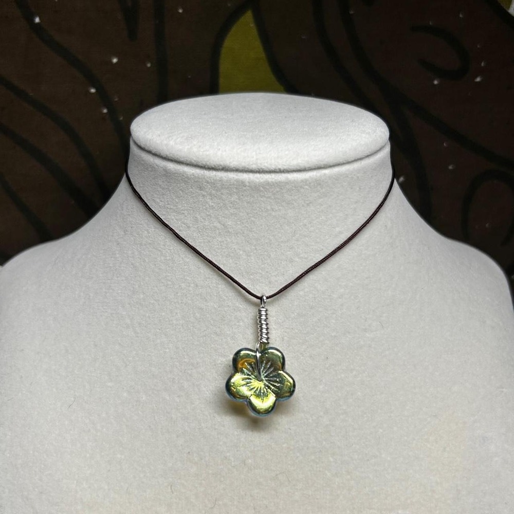Czech glass ab green boho chic cottagecore fairycore dainty necklace cord brown